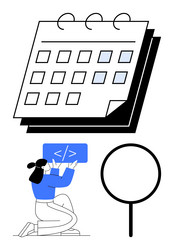 developer kneeling with coding panel near calendar vector image