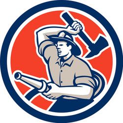 fireman firefighter holding hose axe circle retro vector