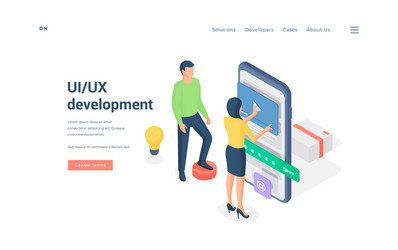 programmers developing app ui together isometric vector image