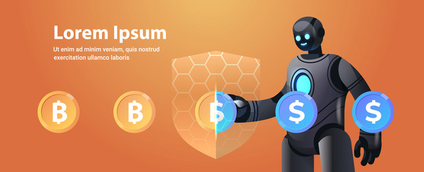 robot with shield exchange dollar bitcoin vector