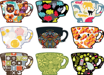 Set of tea cups with funny patterns vector