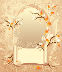 Autumn frame with a scroll on grunge background vector