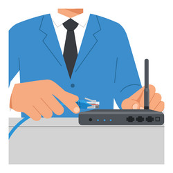 Man Connecting Ethernet Cable to Router vector image