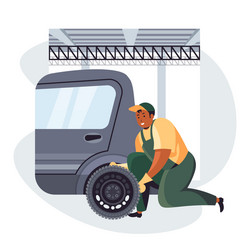 Car mechanic changing wheels and repair them tire vector