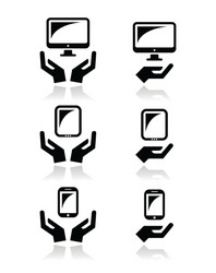 hands with computer tablet mobile or cell phone vector