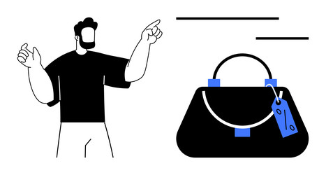 man pointing at handbag with price tag discussing vector image