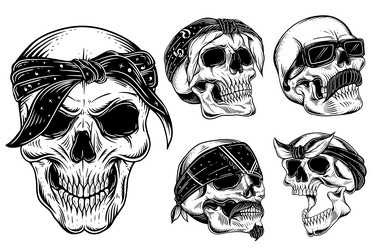 Set bundle dark art skull rider bikers retro vector