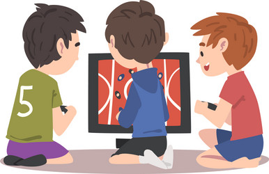 Boys sitting in front computer screen playing vector