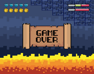 Game over message with fire scene and life bars vector