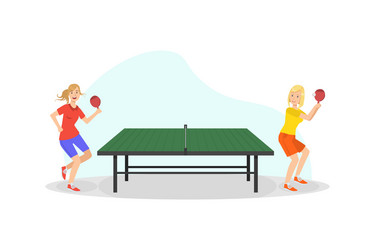 Two girls playing table tennis game people doing vector