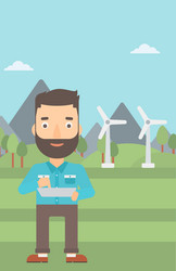 man using tablet computer vector image