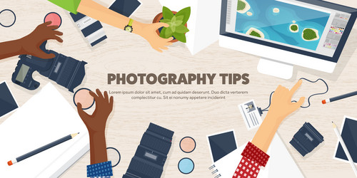 photographer equipment on a table photography vector