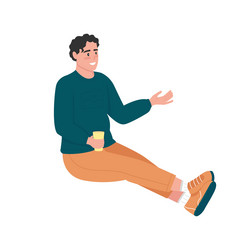 man relaxing with drink semi flat color character vector