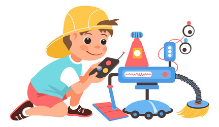 children assemble robot boy controls automated vector image