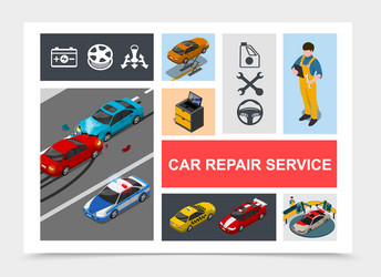 isometric car repair service composition vector