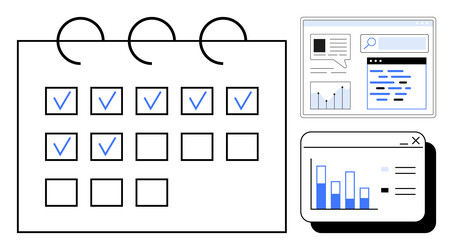 calendar with checks and data charts representing vector image