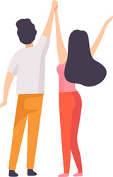 girl and guy standing with hands raised back view vector