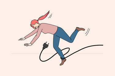 Clumsy woman fall stumble with power cable vector