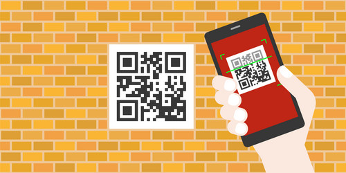 hand holding smart phone scanning qr code vector