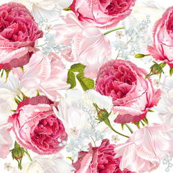 Romantic Roses & Tulips Pattern Vector Image