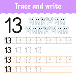 trace and write number 13 handwriting practice vector image