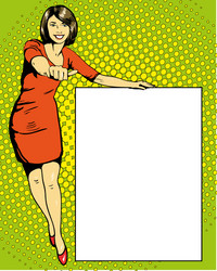 Woman stays next to blank white board pop art vector