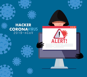 Hacker and laptop with danger warning sign during vector