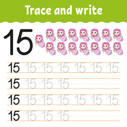 Trace and write number 15 handwriting practice vector