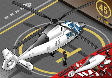 isometric white helicopter landed in rear view vector