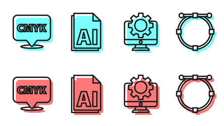 set line computer monitor and gear speech bubble vector image