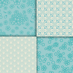 blue and white sakura pattern set vector