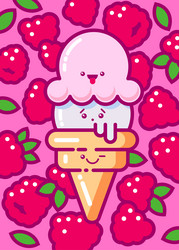 kawaii two scoops of ice cream in cone raspberry vector image