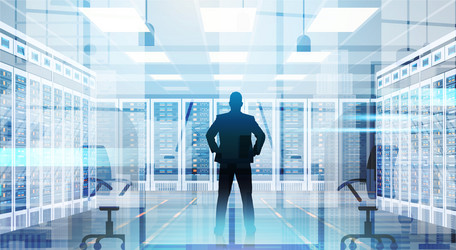 Silhouette man in data center room hosting server vector