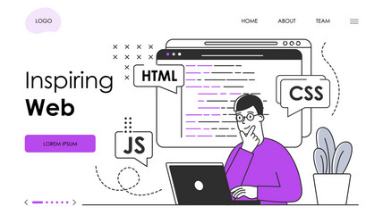 male character in glasses is web programming vector image