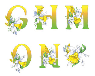 spring bright letters with daffodils and forget-me vector