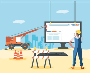 builders and desktop with webpage under vector image