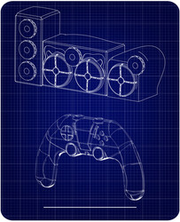 3d model of speaker system and joystick on a blue vector image