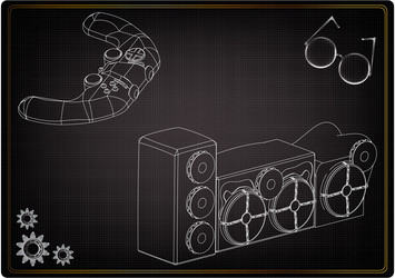 3d model of speaker system and joystick on a black vector