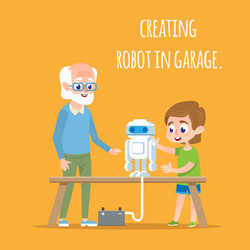 creating robot in garage with family tech sciense vector