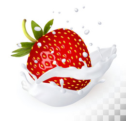 red strawberry in a milk splash on transparent vector