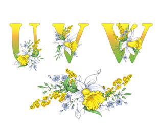 Spring bright letters with daffodils and forget-me vector