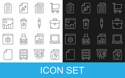 Set line document with graph chart laptop vector