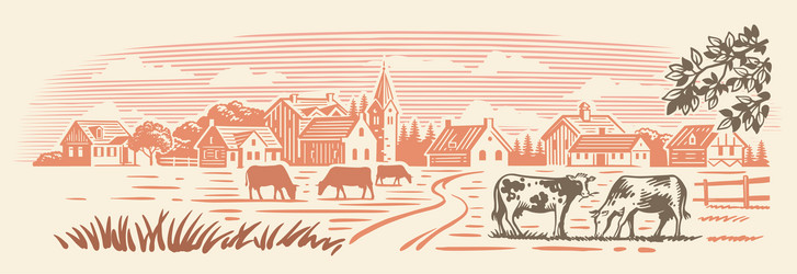 cows on fram meadow hand drawn sketch vector