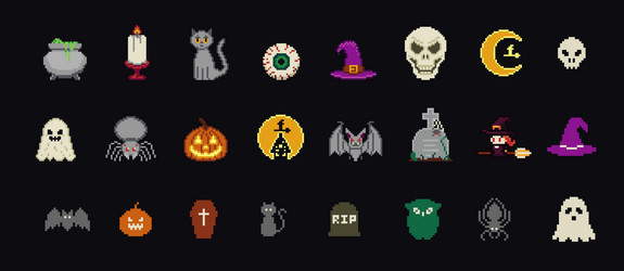 pixel art halloween icons and objects 8-bit vector image