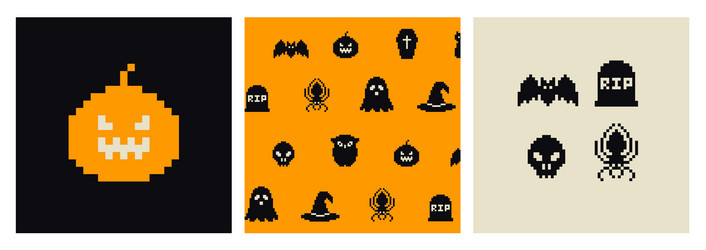 pixel art halloween icons and objects 8-bit vector image
