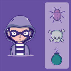 hacker with cybercrimes and virus symbols vector image