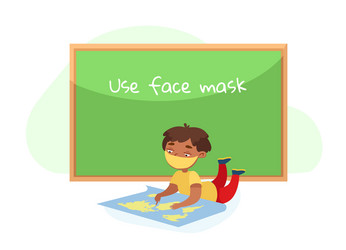 Kid character in face mask lying on floor vector