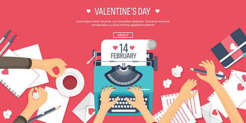 Flat background with typewriter love hearts vector