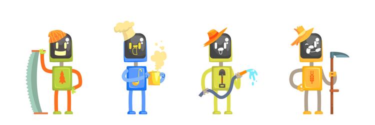 robot character of different profession with tool vector image