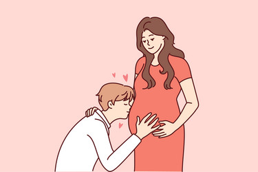 happy man kiss pregnant woman belly vector